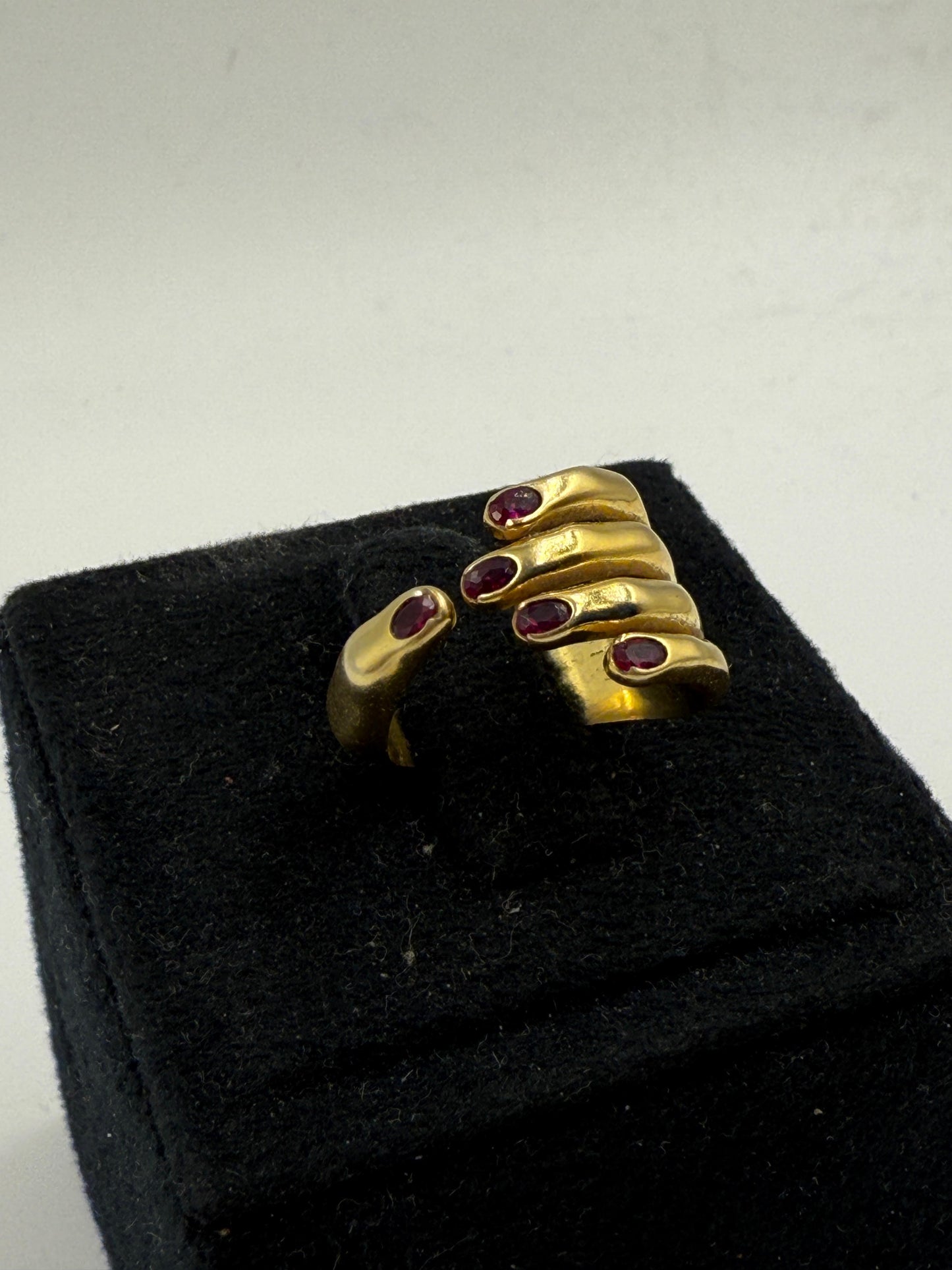Vintage Style Gold Hand Ring with Ruby Accents