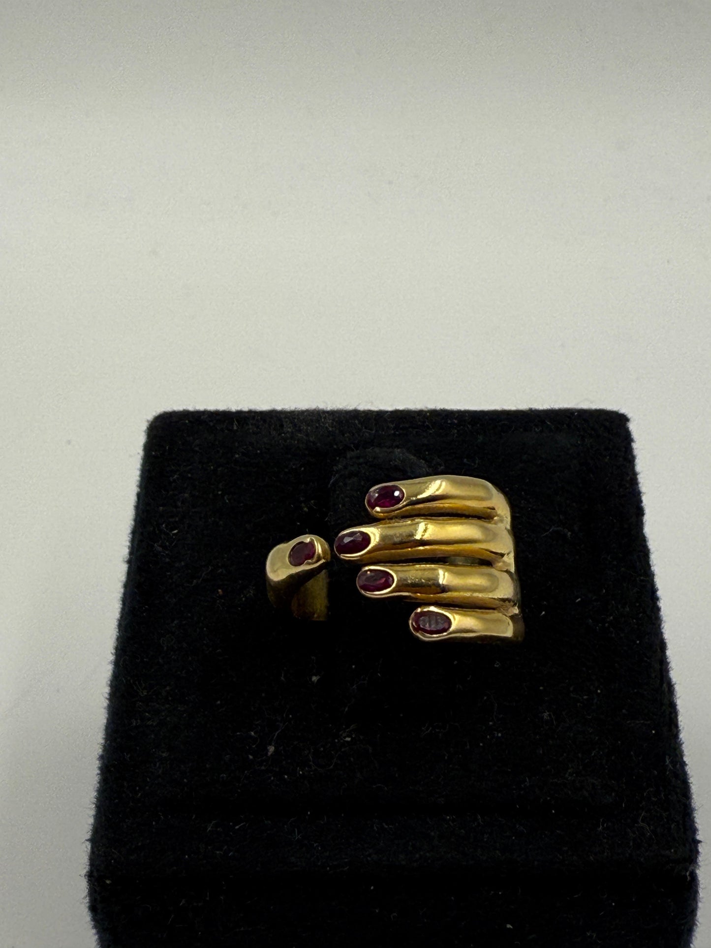 Vintage Style Gold Hand Ring with Ruby Accents
