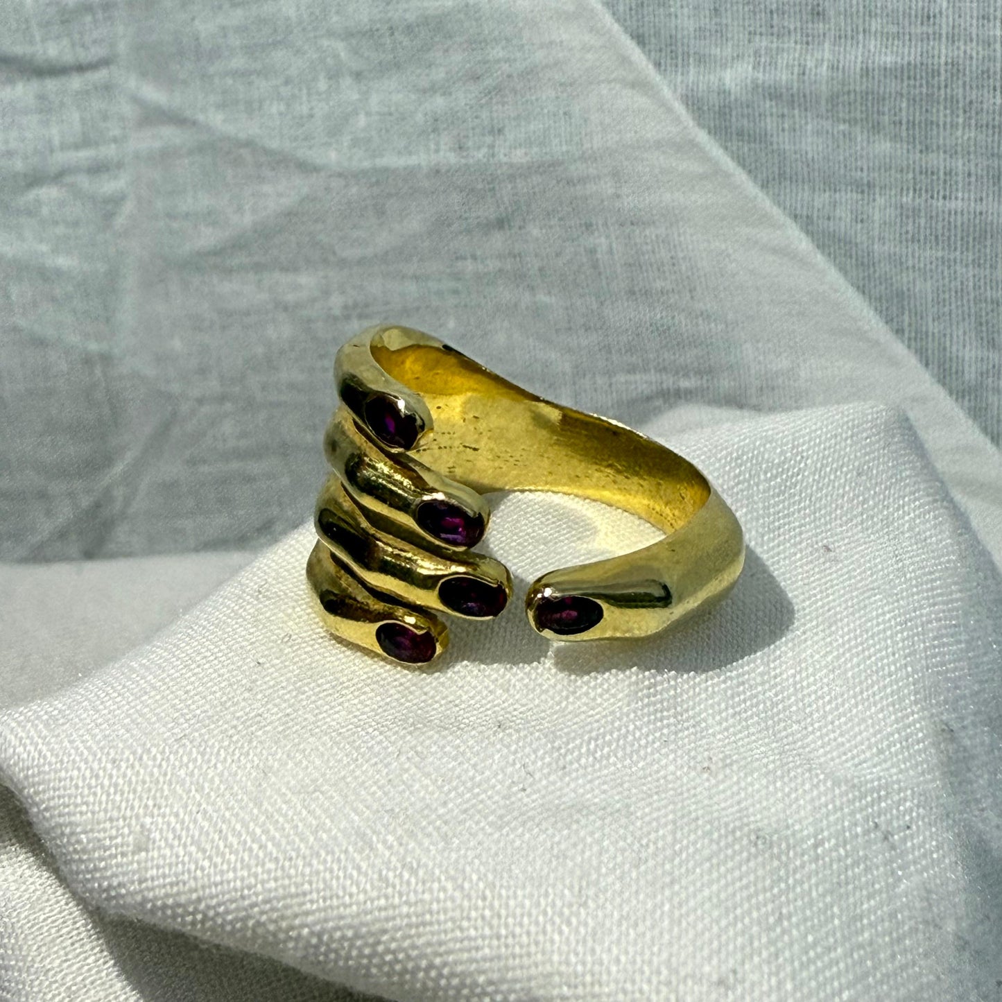 Vintage Style Gold Hand Ring with Ruby Accents